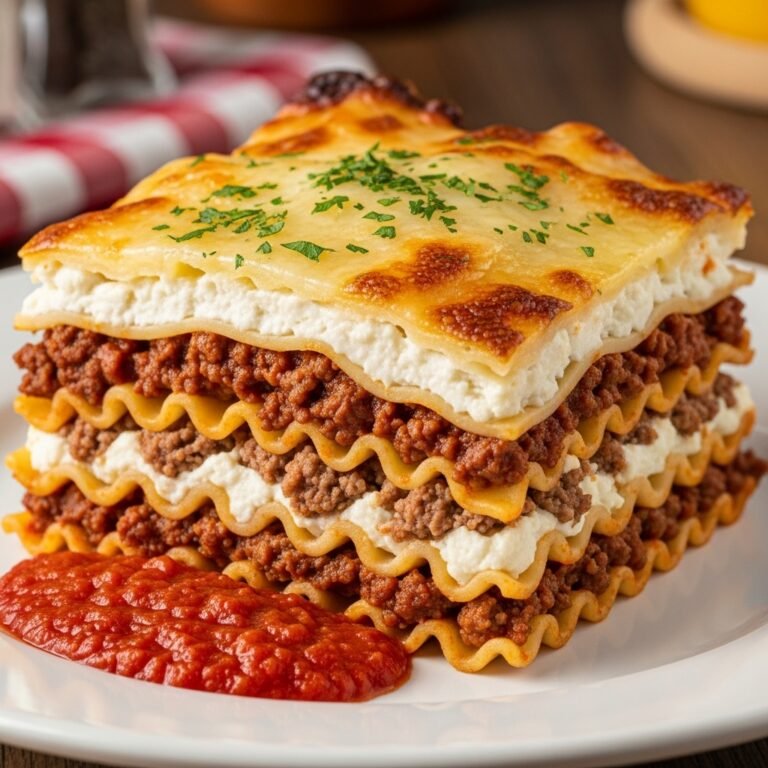 The Ultimate Million Dollar Lasagna: A Rich and Cheesy Family Favorite 3 A close-up of a golden brown, bubbly Million Dollar Lasagna, freshly baked and garnished with parsley.