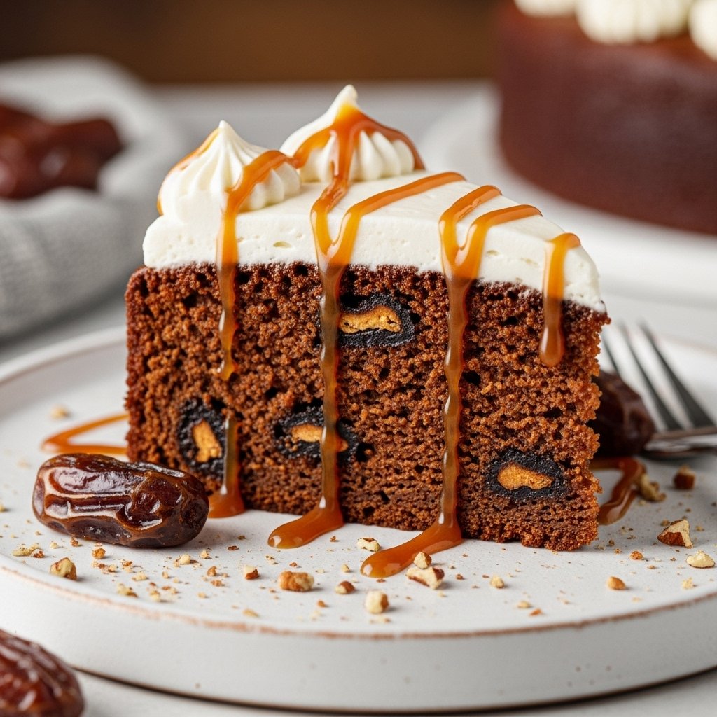 Moist and Easy Date Cake – Best Quick Dessert Recipe for Any Occasion! 2 A slice of moist and easy date cake on a plate, garnished with powdered sugar, highlighting its rich texture.