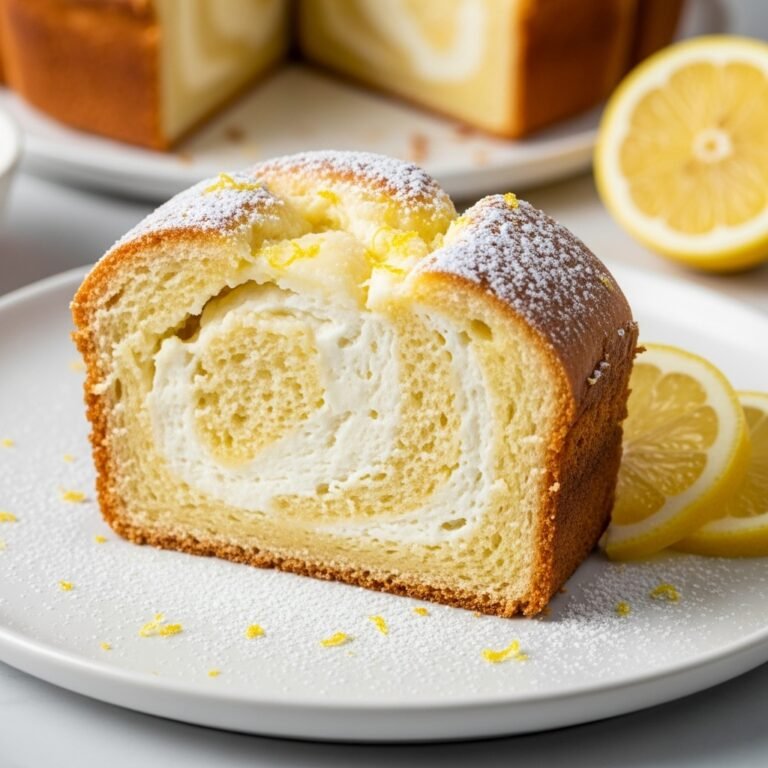 Slice of moist lemon cream cheese bread with a light glaze, perfect for dessert or brunch.