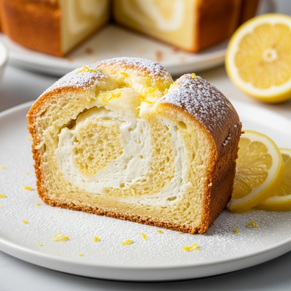 Slice of moist lemon cream cheese bread with a light glaze, perfect for dessert or brunch.