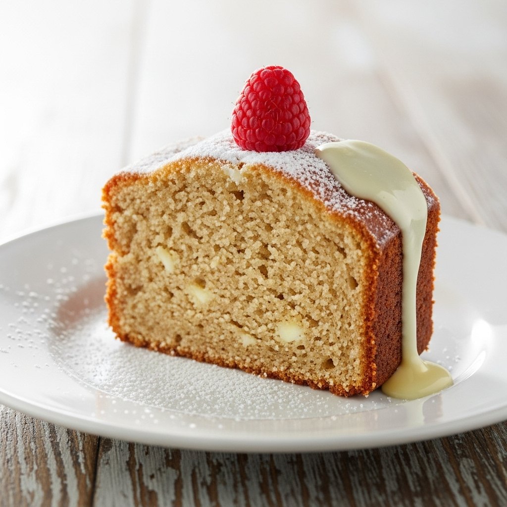 Moist White Chocolate Pound Cake on a serving platter with a slice removed