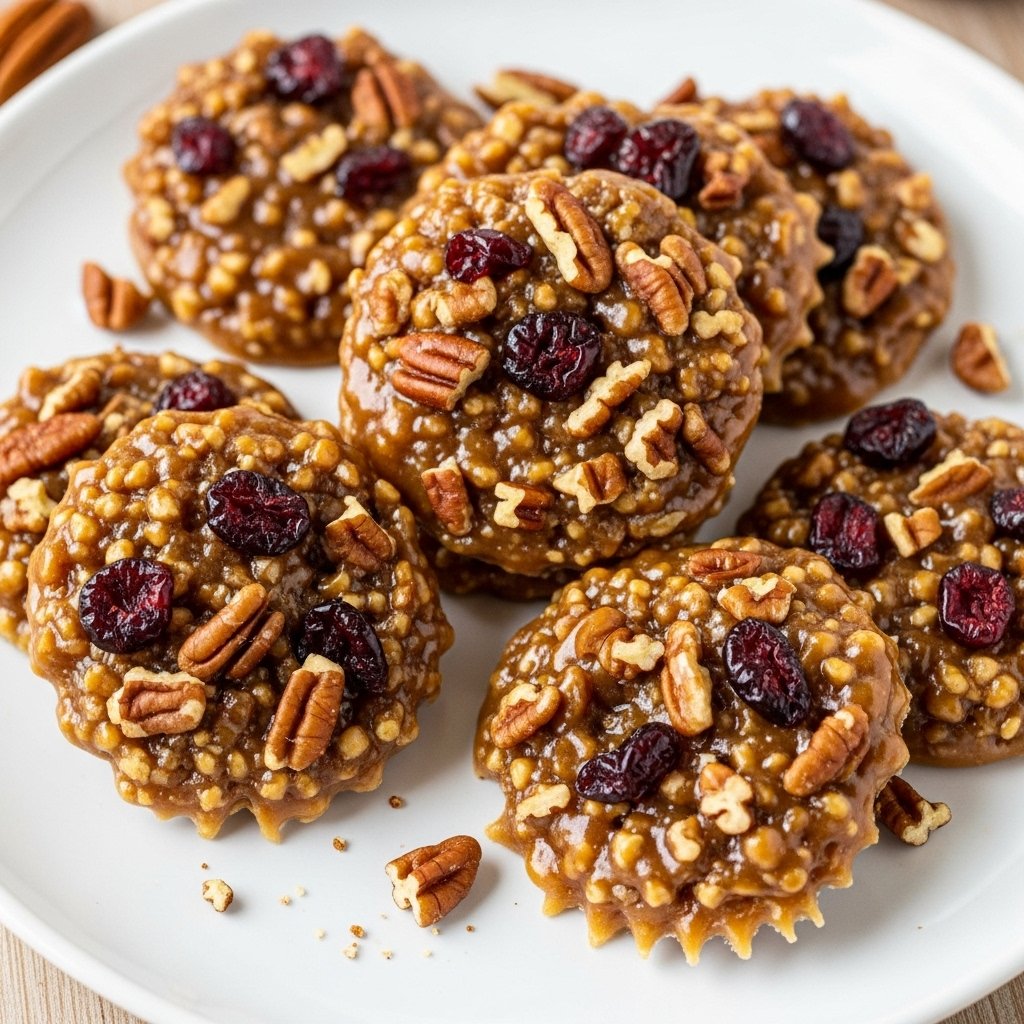No-Bake Cranberry Pecan Praline Cookies – Your Best Easy Holiday Treat! 2 Close-up of festive No-Bake Cranberry Pecan Praline Cookies on a white platter, perfect for a holiday treat.