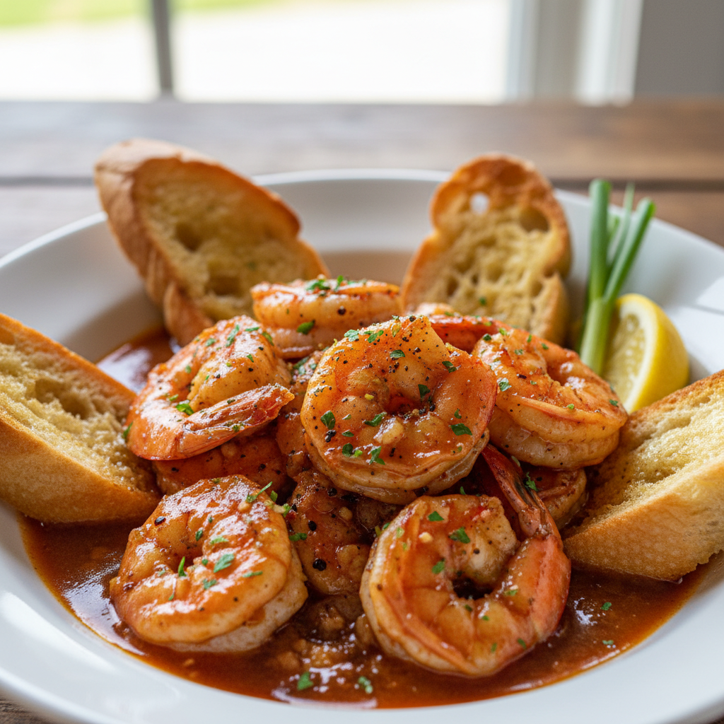 Zesty Orleans BBQ Shrimp Recipe: How To Make This Louisiana Classic 2 Zesty Orleans BBQ shrimp served with crusty French bread and lemon wedges, showcasing the rich, buttery sauce.