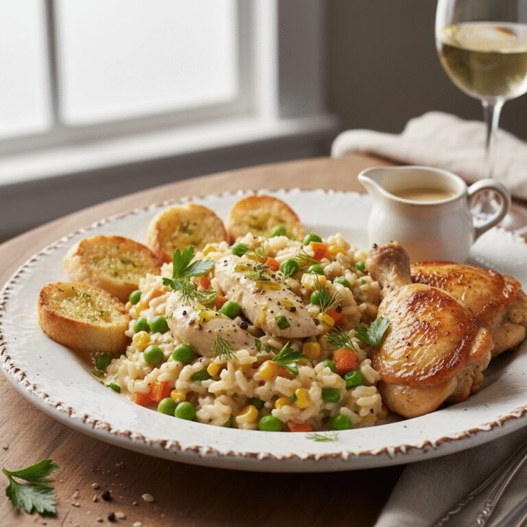 A close-up shot of creamy chicken and rice in a skillet, garnished with fresh parsley.