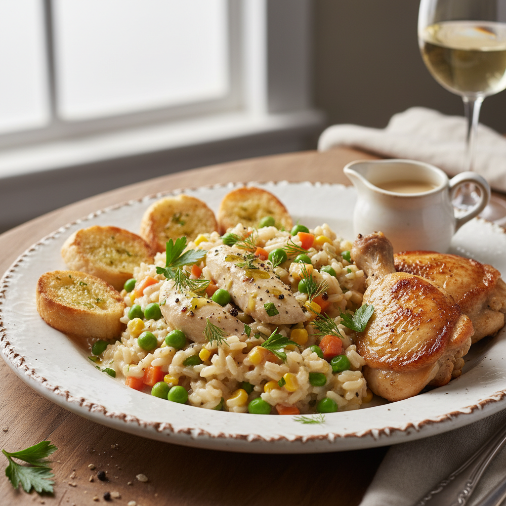 A close-up shot of creamy chicken and rice in a skillet, garnished with fresh parsley.