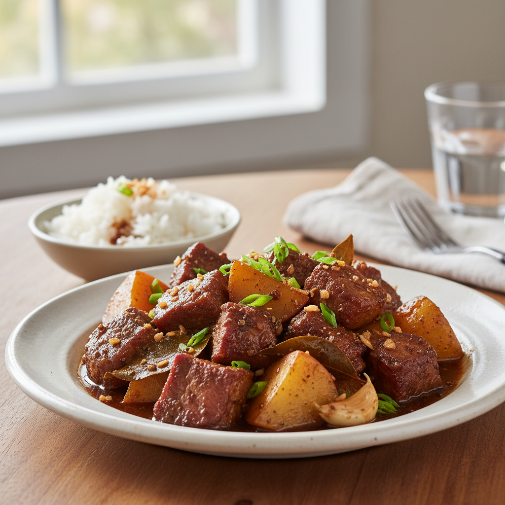Pork Adobo with Potatoes Recipe: How to Make This Filipino Comfort Food 2 Delicious Pork Adobo with Potatoes served with white rice, a classic Filipino comfort food dish.