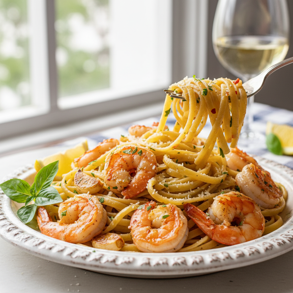 Plate of Quick Garlic Butter Shrimp Pasta with fresh parsley and lemon wedge on a rustic background.