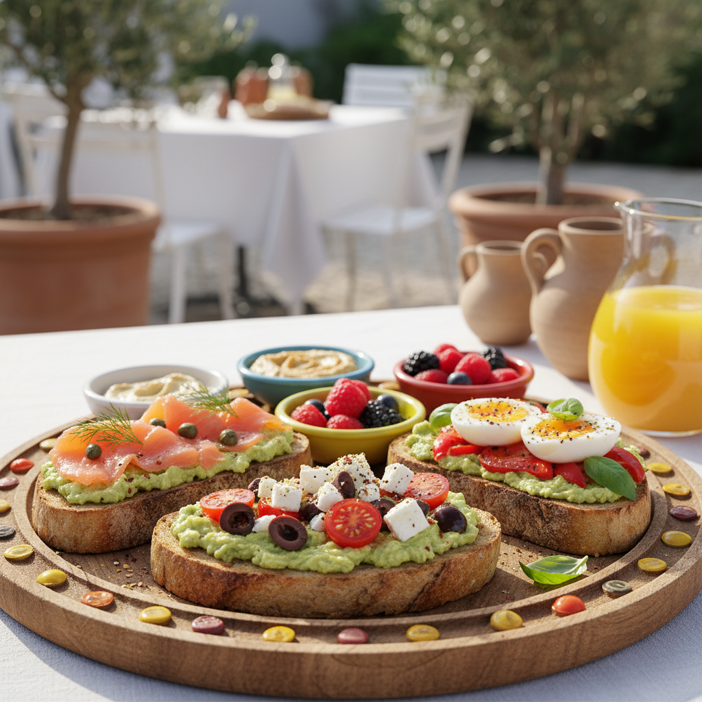 Mediterranean Breakfast Toast: Quick, Healthy & Flavorful Morning Ideas 2 Two slices of vibrant Mediterranean breakfast toast with avocado, tomato, feta, and poached egg