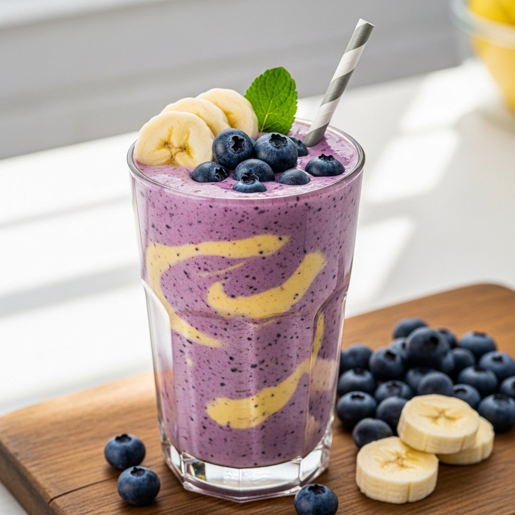 A vibrant purple banana-blueberry smoothie in a glass, garnished with fresh berries, ideal for a healthy breakfast or snack.