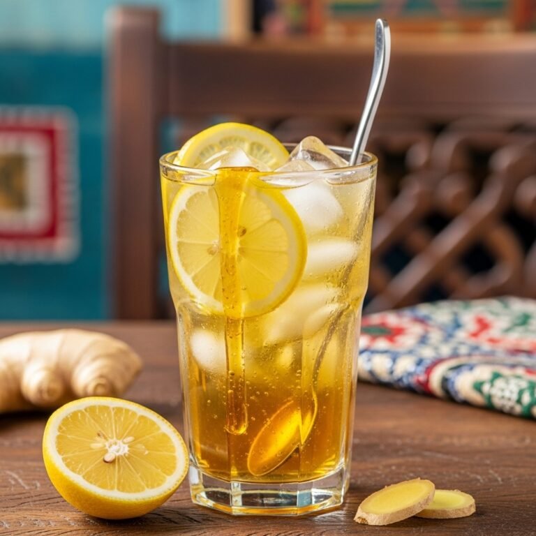 Zesty Lemon Ginger Iced Green Tea with Honey: Your Ultimate Refreshment 3 A tall glass of refreshing lemon ginger iced green tea with honey, garnished with lemon slices and mint leaves on a bright background.