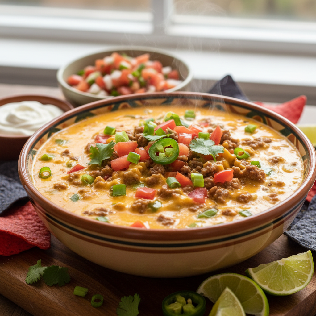 Delicious Rotel Dip with Velveeta and ground beef, served with tortilla chips.