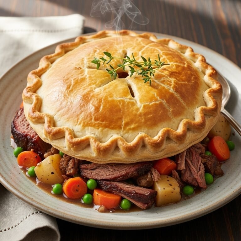 A golden, flaky Savory Brisket Pot Pie in a ceramic dish, with a slice removed revealing the rich, chunky brisket and vegetable filling.