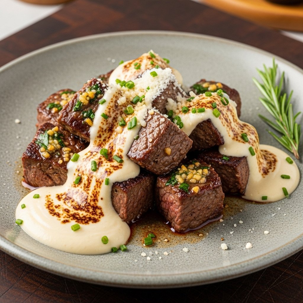 Savory Garlic Butter Steak Bites with Parmesan Cream Sauce – Best Easy Dinner Recipe! 2 Close-up of savory garlic butter steak bites with parmesan cream sauce, garnished with fresh parsley, served in a skillet.
