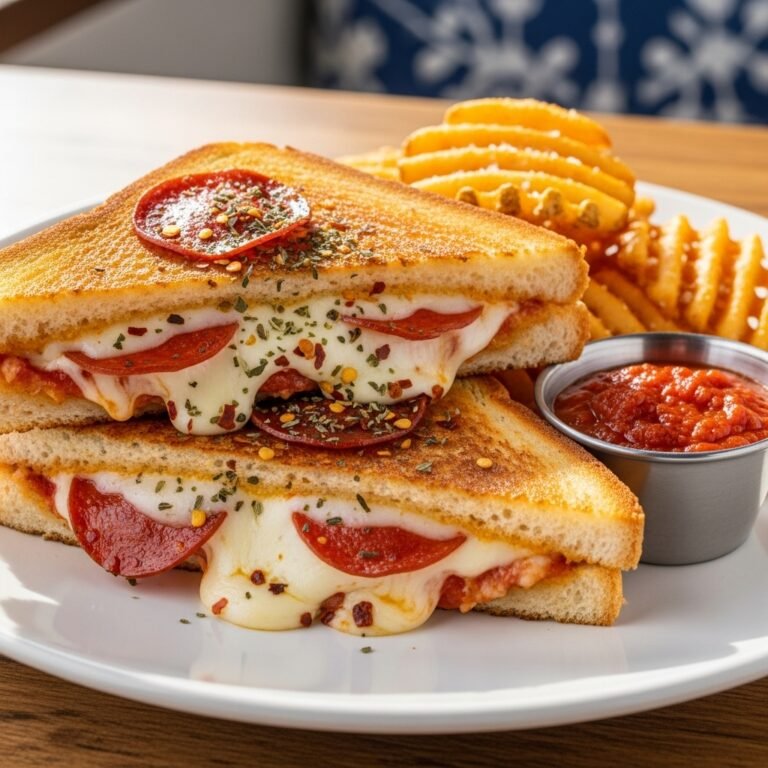 Savory Pizza Grilled Cheese: The Ultimate Easy & Flavorful Sandwich Recipe! 3 Delicious Savory Pizza Grilled Cheese sandwich cut in half, revealing melted cheese and pepperoni inside.