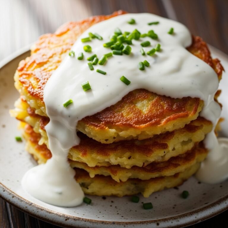 Crispy Savory Potato Pancakes with Creamy Yogurt Sauce, garnished with fresh dill on a white plate.