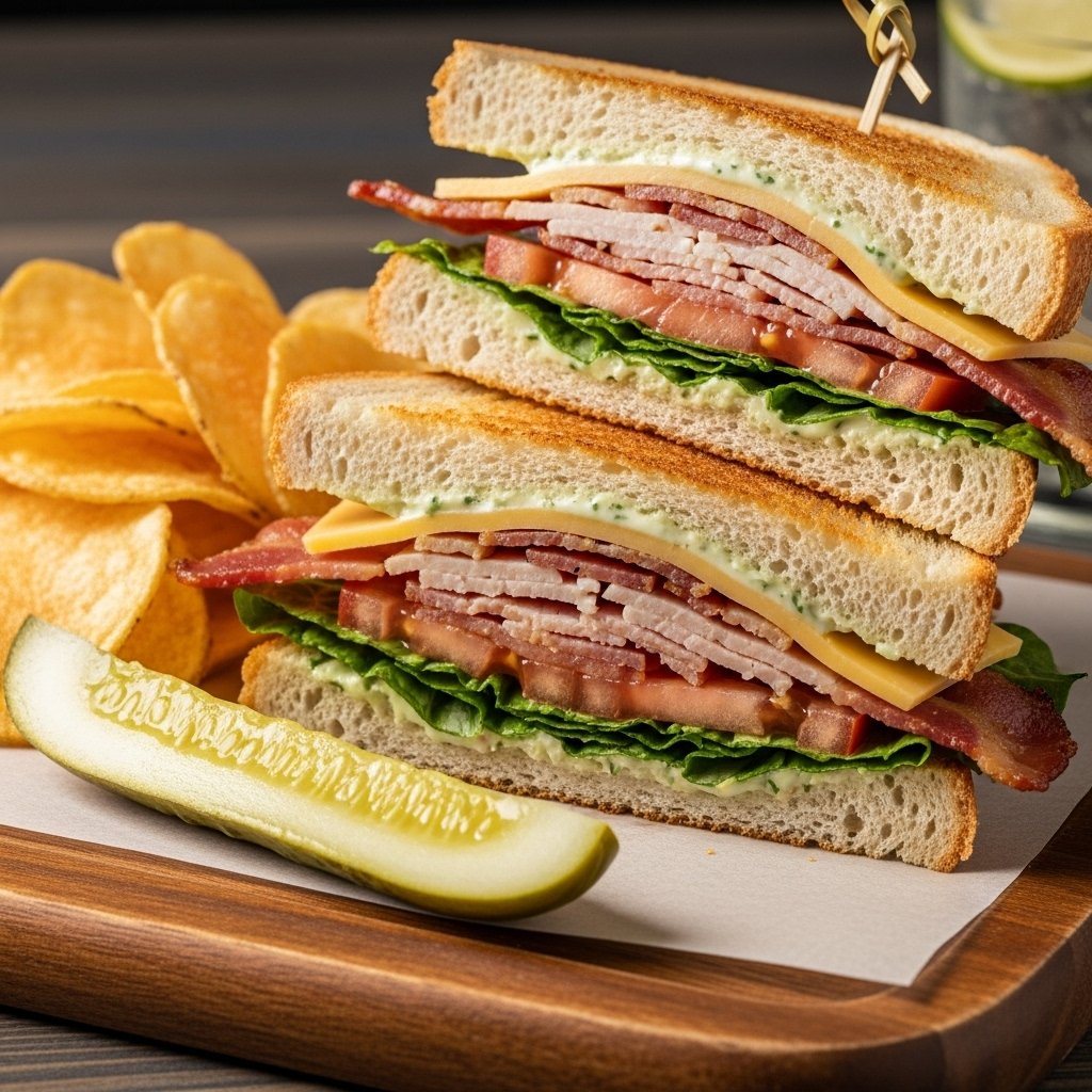 Close-up of a savory turkey bacon and sharp white cheddar sandwich, with melted cheese oozing between crispy bacon and toasted bread.