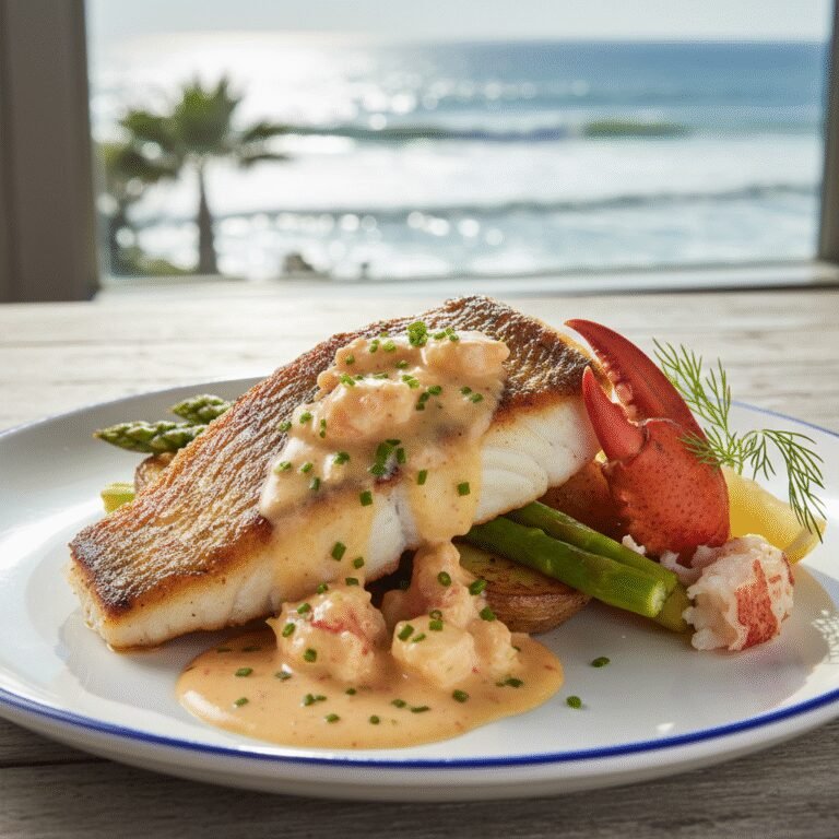Seaside Snapper with Lobster Cream Sauce: A Gourmet Recipe for Seafood Lovers 3 Beautifully plated Seaside Snapper with creamy lobster sauce and fresh parsley, ready to be served.