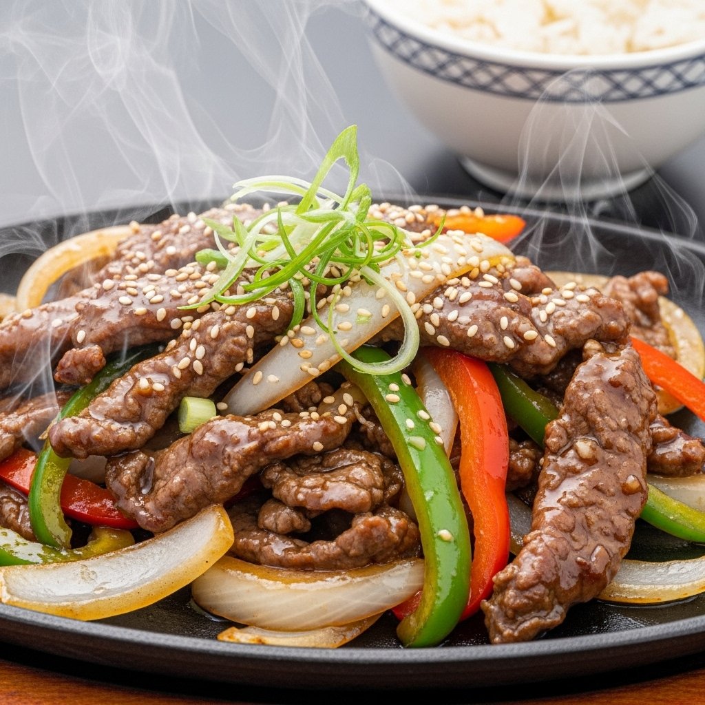 Sizzling Chinese Pepper Steak with Onions served over rice in a wok, garnished with green onions.