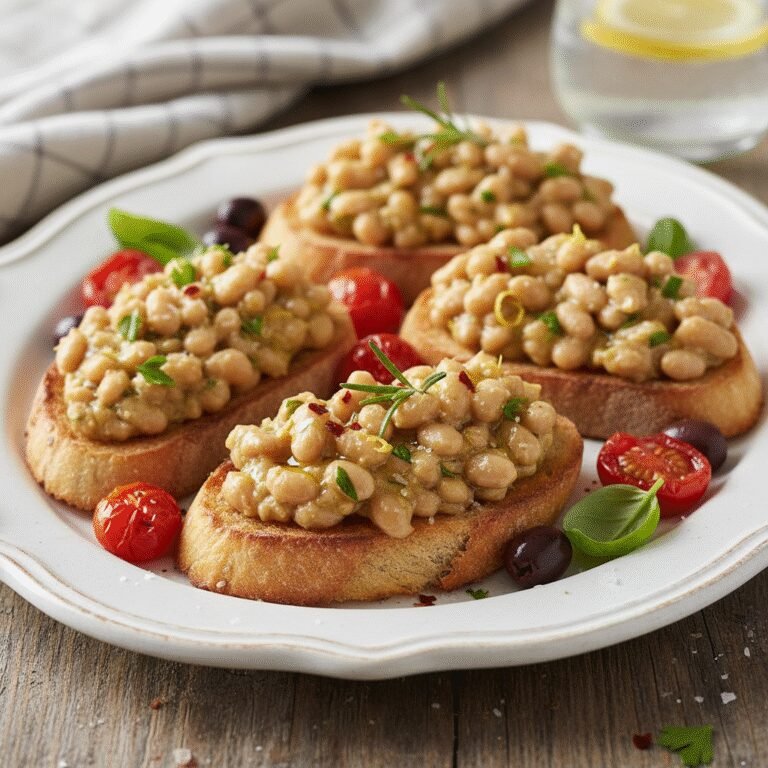 Close-up of creamy smashed cannellini bean crostini on a wooden board, garnished with fresh herbs and a drizzle of olive oil, highlighting a delicious appetizer.