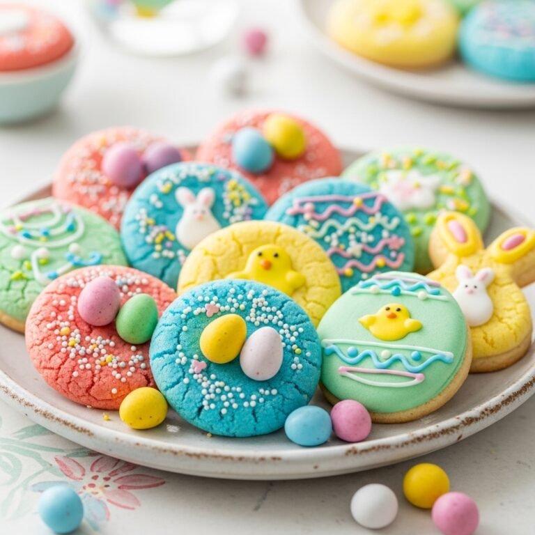 Close-up of soft and chewy Easter cookies with colorful pastel candies and sprinkles on a wire rack, perfect for holiday treats.