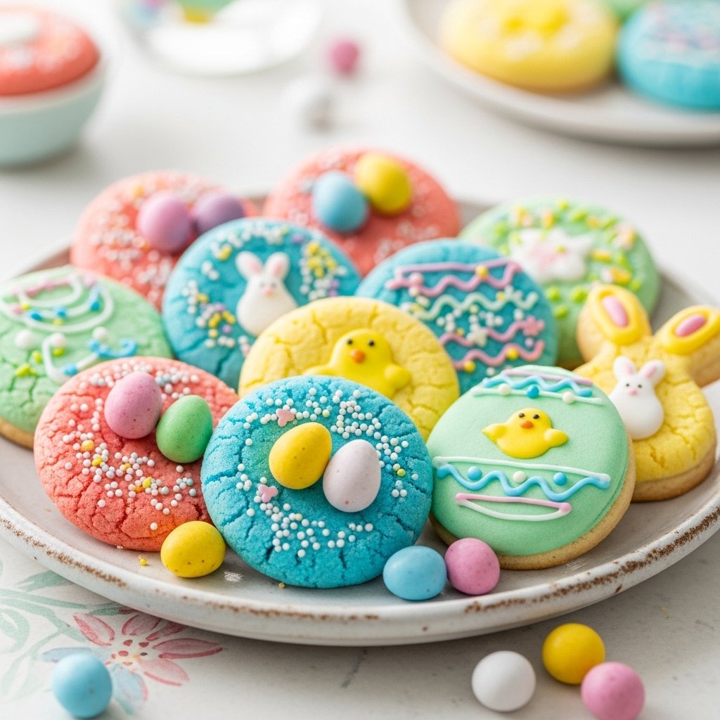 Close-up of soft and chewy Easter cookies with colorful pastel candies and sprinkles on a wire rack, perfect for holiday treats.