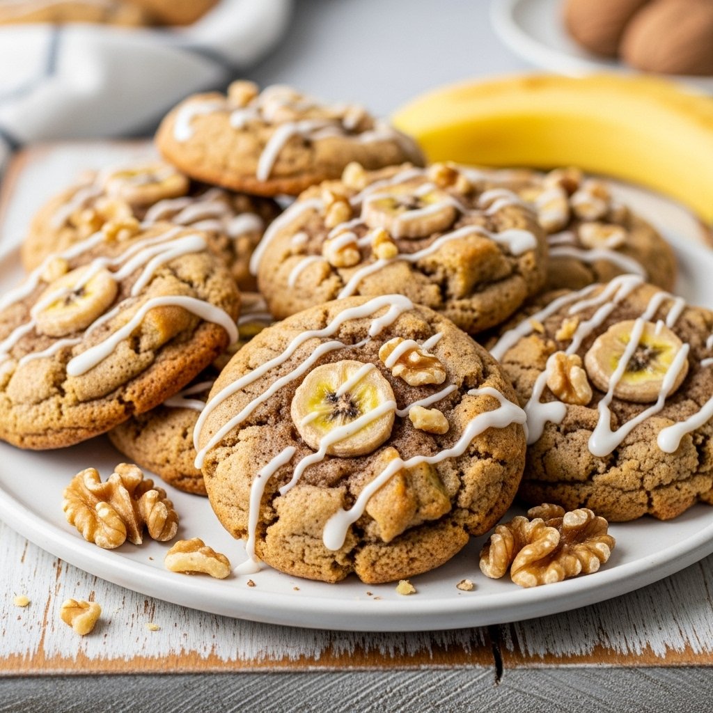 Soft & Chewy Banana Bread Cookies: Your New Favorite Easy Dessert! 2 Pile of soft and chewy banana bread cookies with chocolate chips on a cooling rack, fresh from the oven, showcasing their golden edges and tender centers, perfect for an easy dessert.
