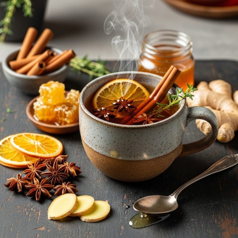 Steaming mug of Soothing Cinnamon Sore Throat Tea with a lemon slice and cinnamon stick, providing natural relief.