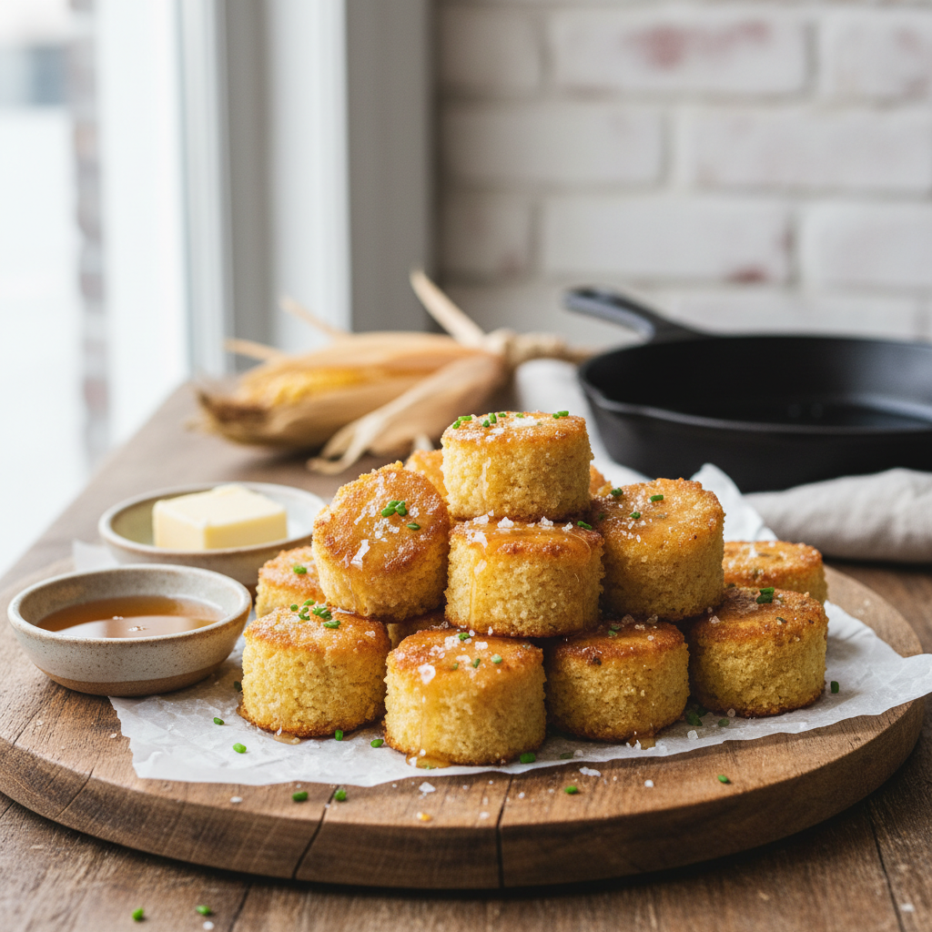 Southern-Style Honey Butter Cornbread Poppers: Sweet & Savory Bite-Sized Bliss 2 Pile of golden Southern-Style Honey Butter Cornbread Poppers drizzled with honey, ready to eat.