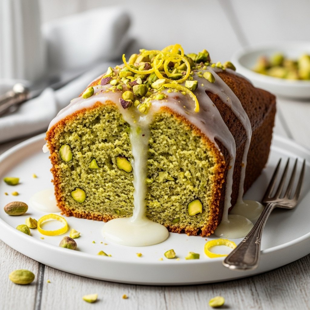 Irresistible Spiced Pistachio and Lemon Cardamom Loaf Cake: Your New Favorite Dessert! 2 A perfectly baked slice of Spiced Pistachio and Lemon Cardamom Loaf Cake with lemon glaze and chopped pistachios.