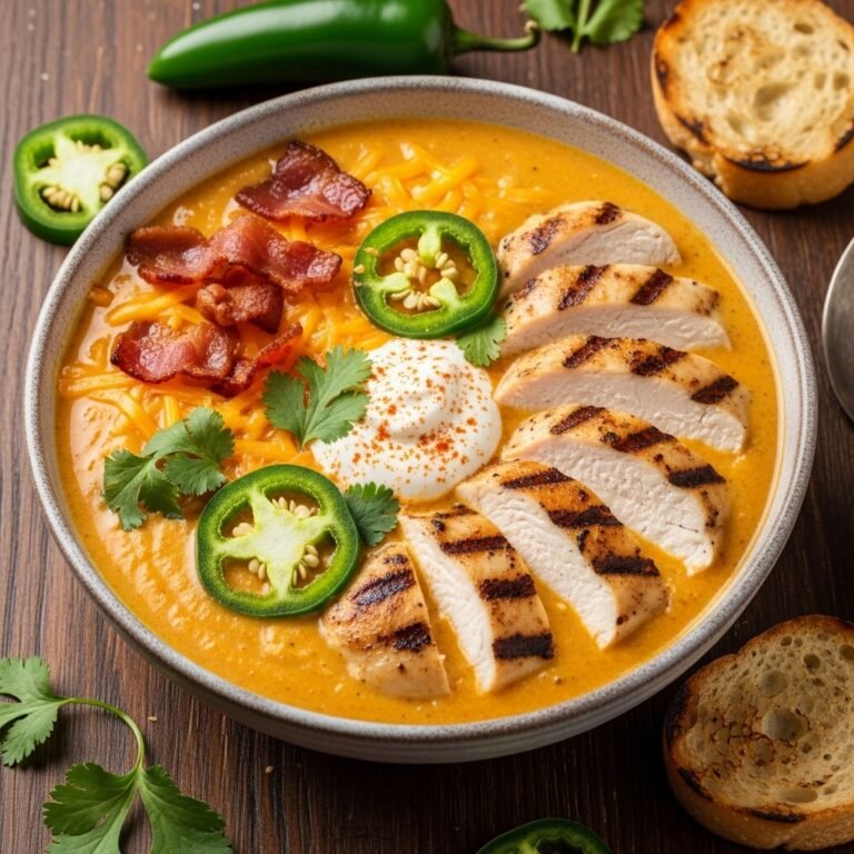 Bowl of creamy spicy smoky jalapeño popper soup with grilled chicken, topped with bacon and fresh jalapeños, ready to be served.