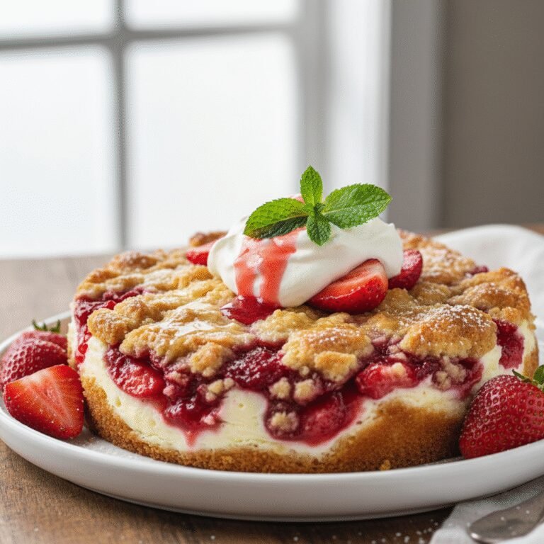 Strawberry Cheesecake Dump Cake: The Easiest Dessert You'll Ever Make! 3 Golden brown Strawberry Cheesecake Dump Cake with a spoonful removed, revealing strawberry and cream cheese layers.
