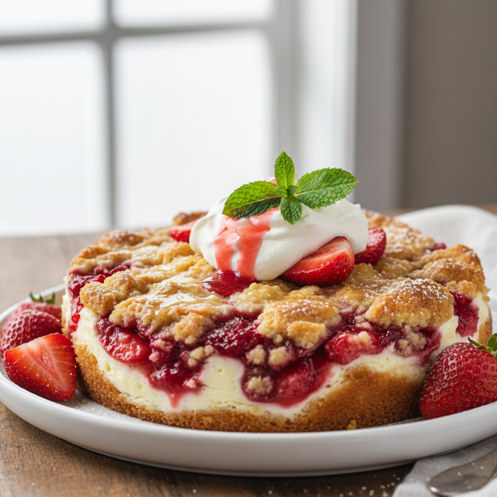 Strawberry Cheesecake Dump Cake: The Easiest Dessert You'll Ever Make! 2 Golden brown Strawberry Cheesecake Dump Cake with a spoonful removed, revealing strawberry and cream cheese layers.