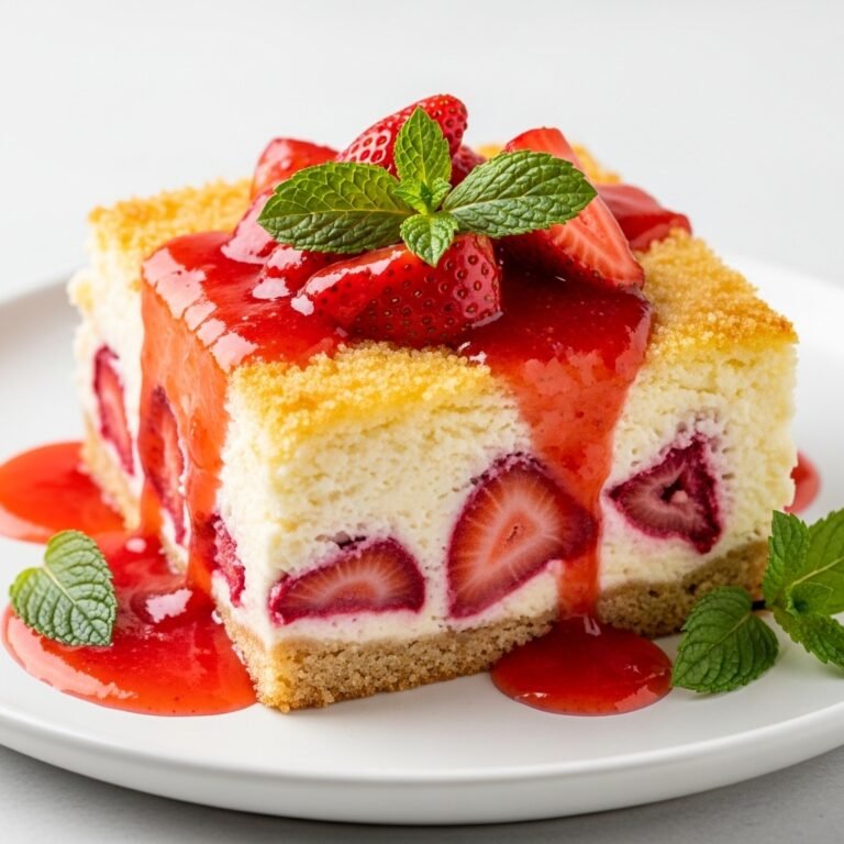 Delicious Strawberry Cheesecake Dump Cake in a baking dish, served with a scoop of vanilla ice cream
