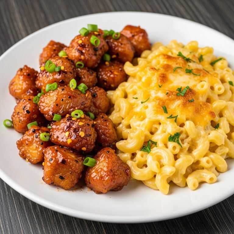 Sweet and Spicy Honey Pepper Chicken served alongside creamy macaroni and cheese on a plate