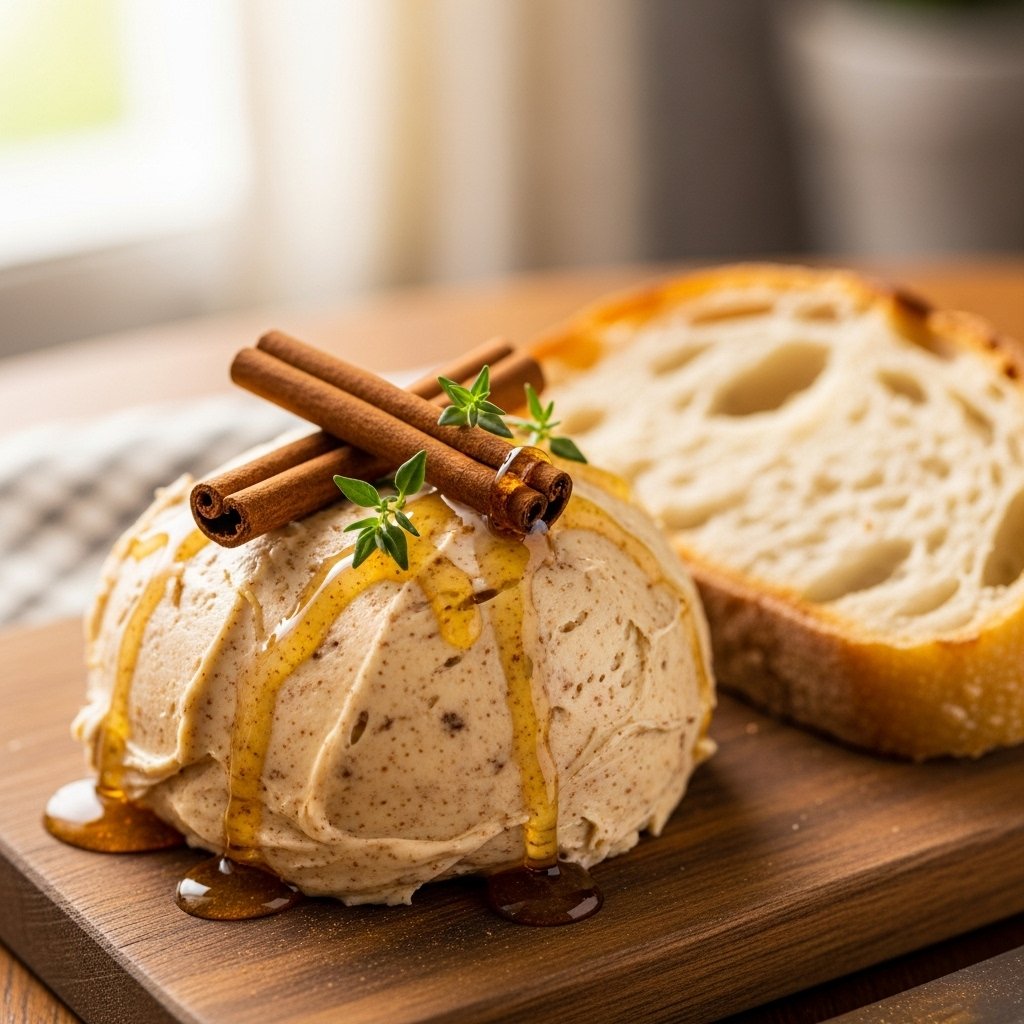 Close-up of fluffy Sweet Cinnamon Honey Butter in a small dish, with a knife spreading it on a toasted biscuit.