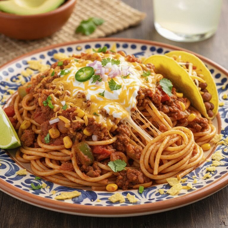 How to Make Taco Spaghetti: A Flavorful One-Pot Weeknight Wonder 3 A close-up of a serving of Taco Spaghetti in a bowl, garnished with shredded cheese and cilantro, ready to be eaten.