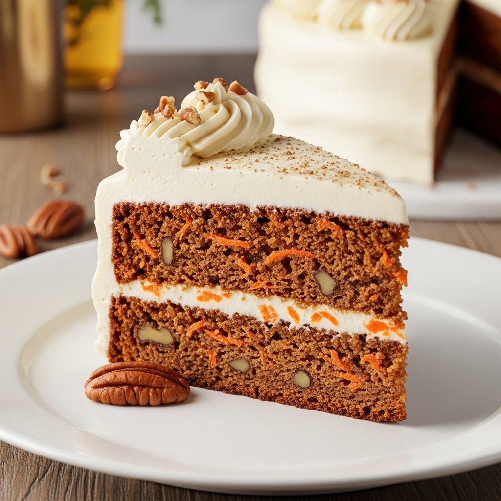 A slice of ultimate moist carrot cake with cream cheese frosting on a white plate, garnished with walnuts.