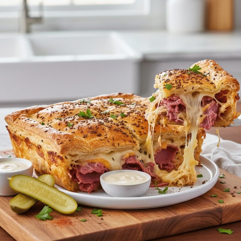 The Ultimate Reuben Bake: Easy, Cheesy & Crowd-Pleasing Casserole 3 A golden brown, bubbly Reuben Bake casserole with melted Swiss cheese, fresh out of the oven, ready to be served.