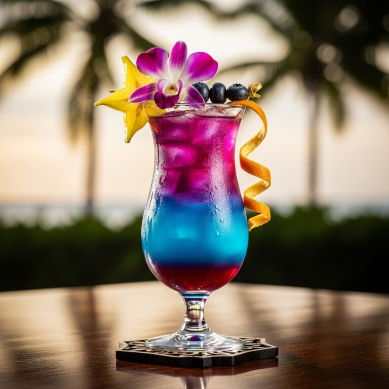 Vibrant Jamaican Purple Rain cocktail in a tall glass garnished with an orange slice and cherry, set against a tropical background.