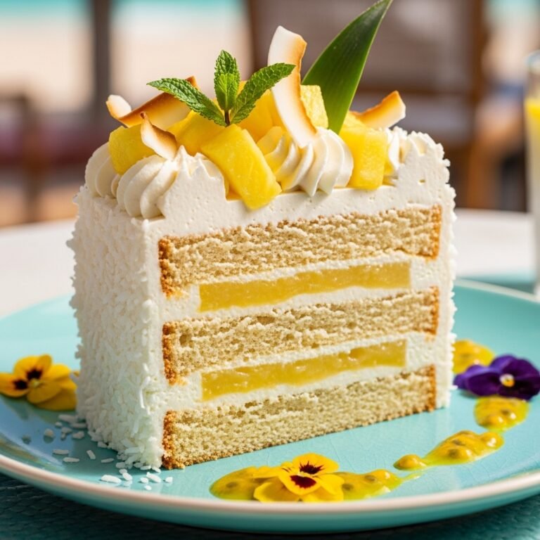 A beautifully frosted Tropical Pineapple Coconut Dream Cake garnished with shredded coconut and fresh pineapple slices, ready to be served.