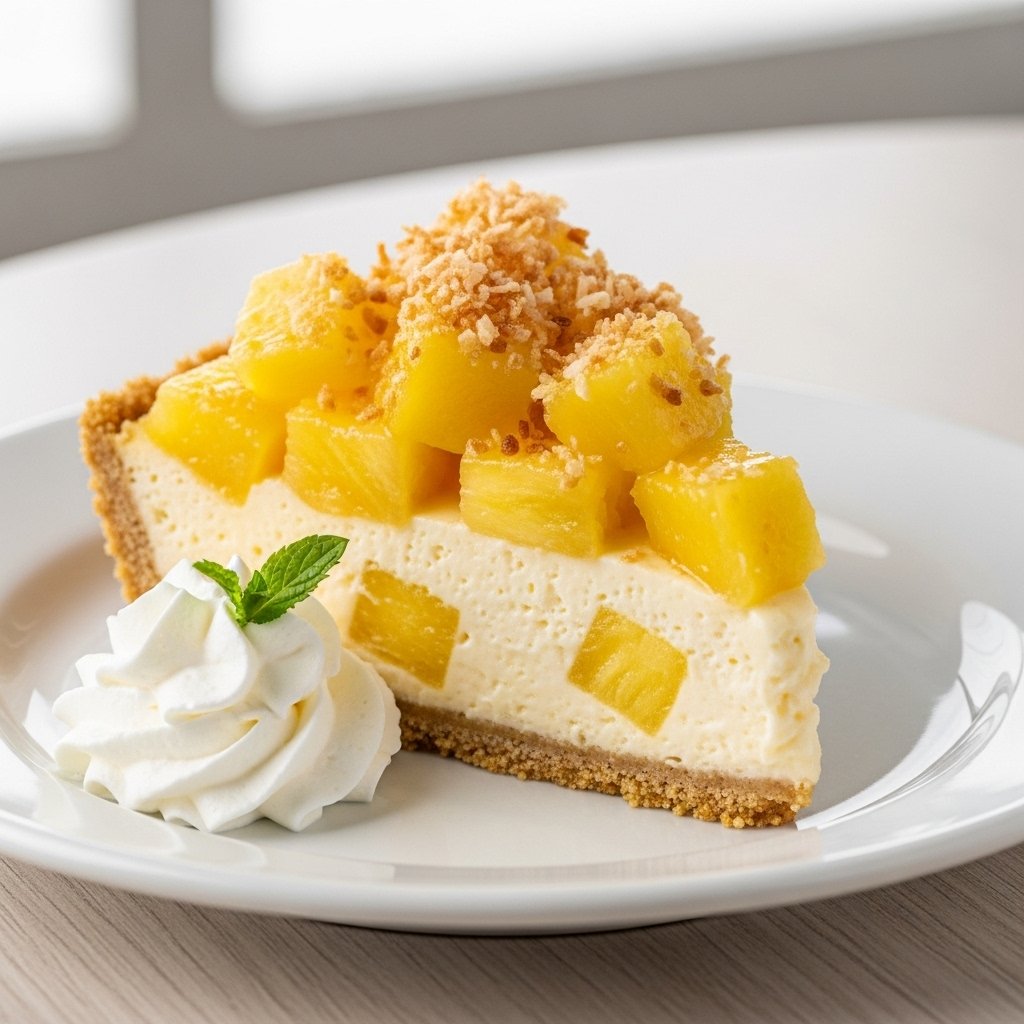 Slice of Tropical Pineapple Cream Cheese Pie with a graham cracker crust and creamy pineapple filling, garnished with fresh mint and pineapple wedges.