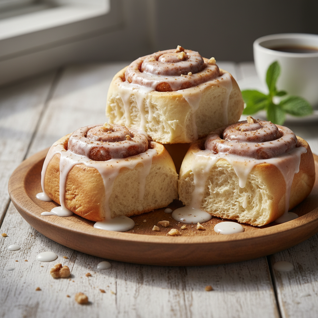 Deliciously soft vegan cinnamon rolls with creamy white frosting on a baking dish.
