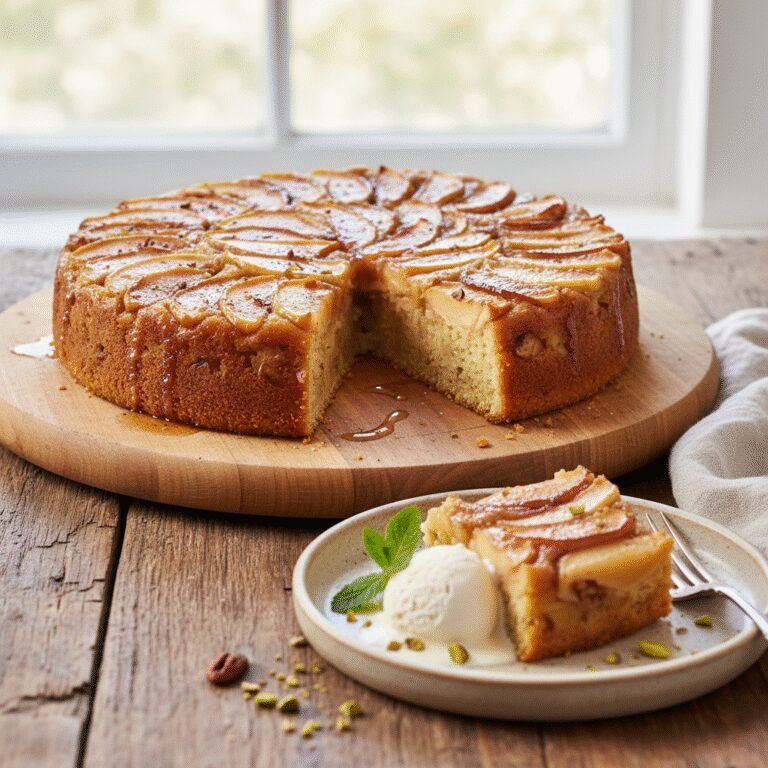 Irresistible Vegan Upside-Down Apple Cake: Easy & Flavorful Recipe 3 Delicious vegan upside-down apple cake with caramelized apples on a white platter.