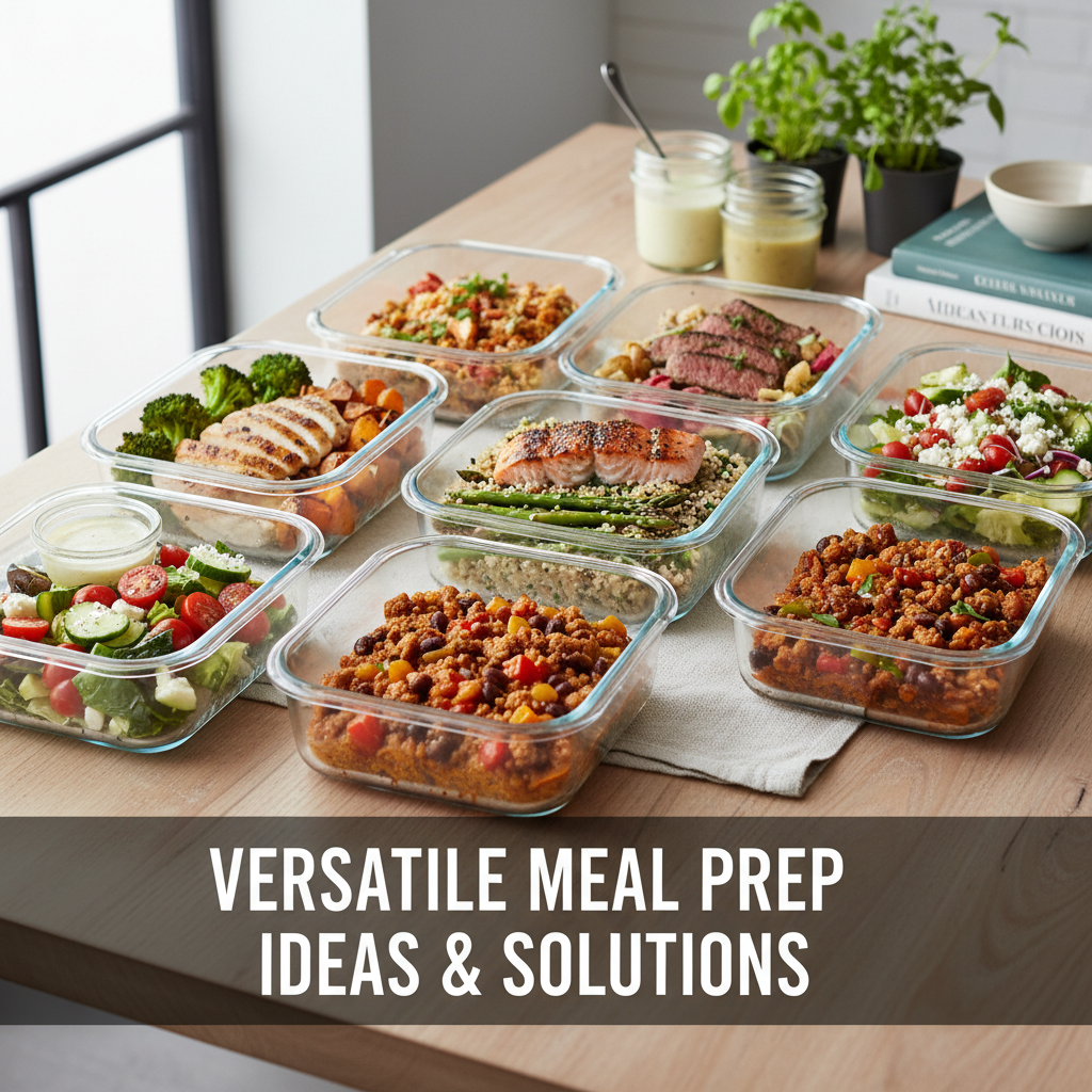 10 Simple Meal Prep Ideas: Tips & Tricks for Easy Weeknight Meals 2 Assortment of vibrant, prepped meal prep containers featuring burrito bowls, honey lemon chicken, and roasted sweet potatoes