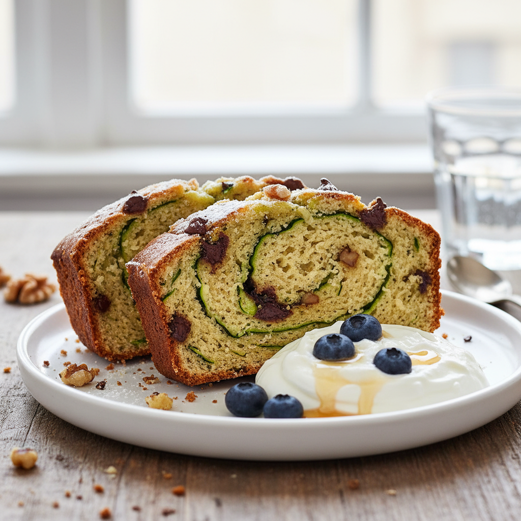 Wholesome & Healthy: Greek Yogurt Zucchini Bread for Weight Loss Breakfast 2 Slice of Weight Loss Breakfast Greek Yogurt Zucchini Bread on a plate with fresh berries.