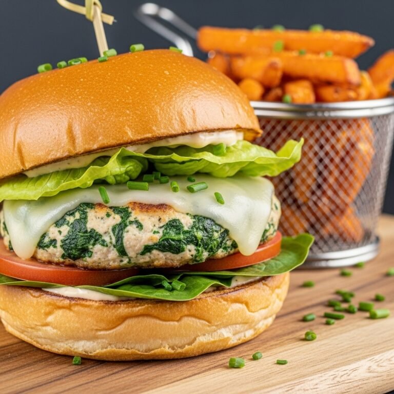 Close-up of a juicy White Cheddar and Spinach Chicken Burger on a bun with fresh toppings, showcasing melted cheese and vibrant spinach.