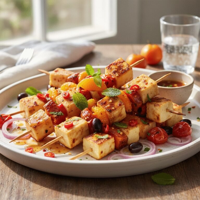 Close-up of golden brown Zesty Air Fryer Clementine & Chilli Halloumi Skewers garnished with fresh mint on a white plate.