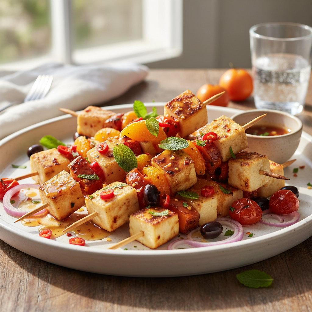 Close-up of golden brown Zesty Air Fryer Clementine & Chilli Halloumi Skewers garnished with fresh mint on a white plate.