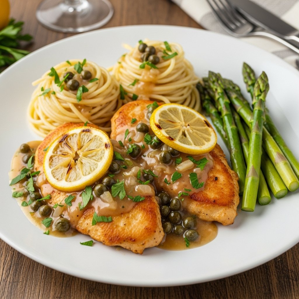 Zesty Chicken Piccata with Lemon Caper Sauce – Best Quick & Flavorful Dinner 2 Close-up of Zesty Chicken Piccata with lemon slices and capers on a white plate, served with fresh parsley garnish.