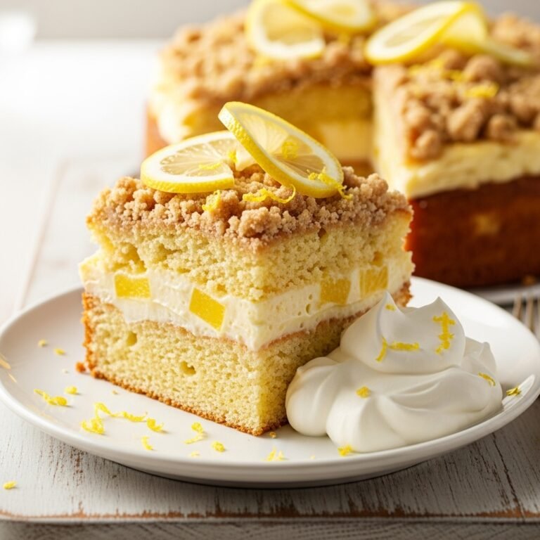 Zesty Lemon Cream Cheese Dump Cake – Best Easy 4-Ingredient Dessert Recipe! 3 Slice of zesty lemon cream cheese dump cake with a golden crust and creamy filling, garnished with lemon zest.